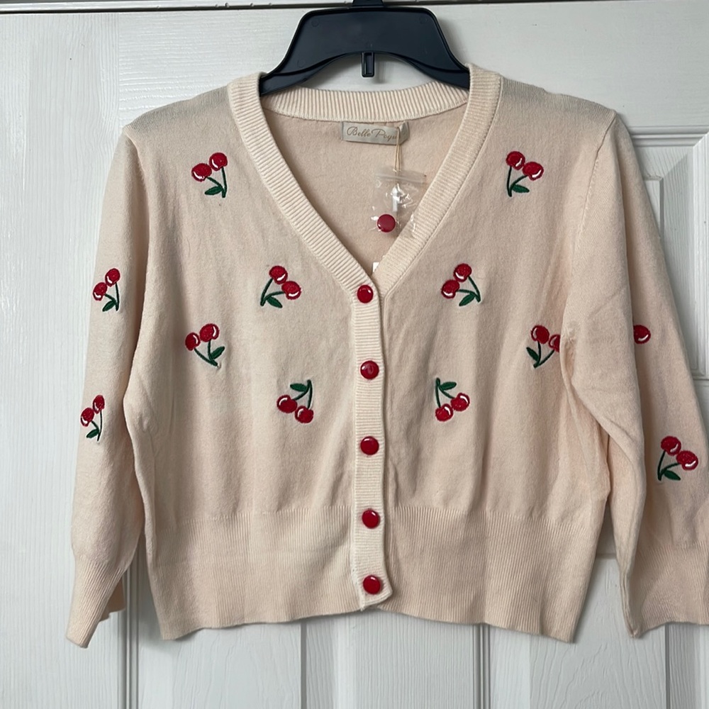 Cropped cardi with embroidered cherry designs